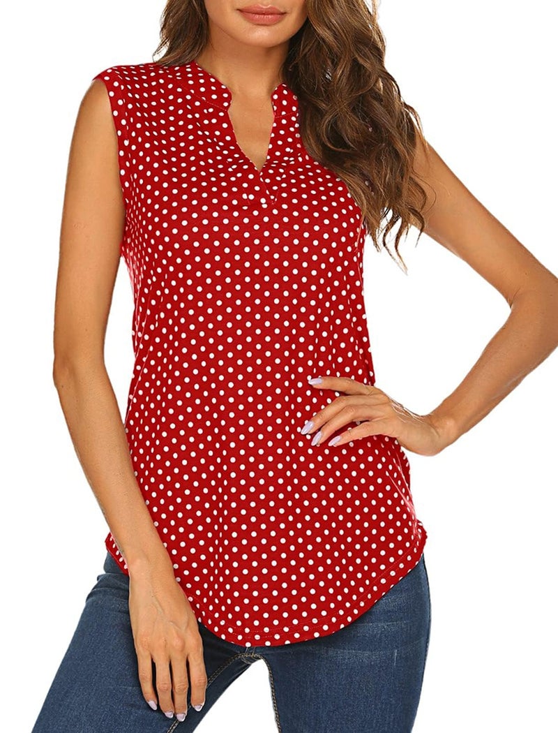 Halife Womens Casual V Neck Tank Tops Summer Business Blouse Polka Shirts Red M - Image 4